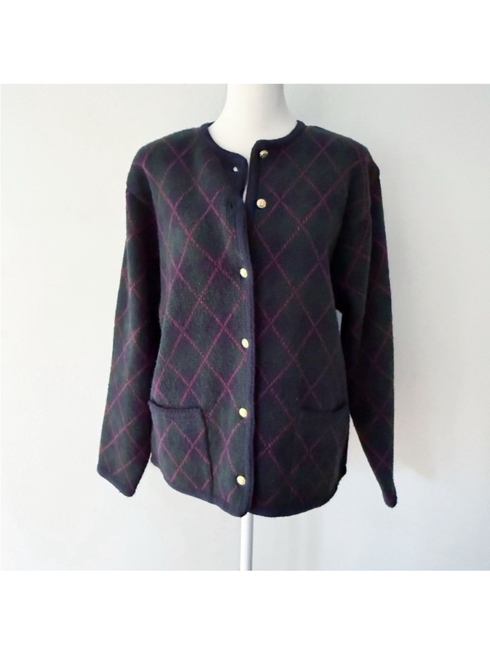Vintage Women 90s Classic Argyle Plaid Cardigan Medium Academia Preppy Teacher